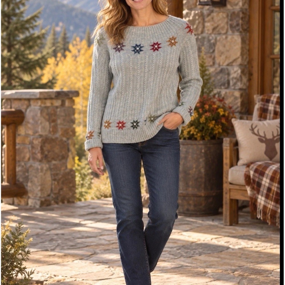 Sundance M 100 % Lambswool Sweater Cable Knit Snowflake Textured Cozy Knit